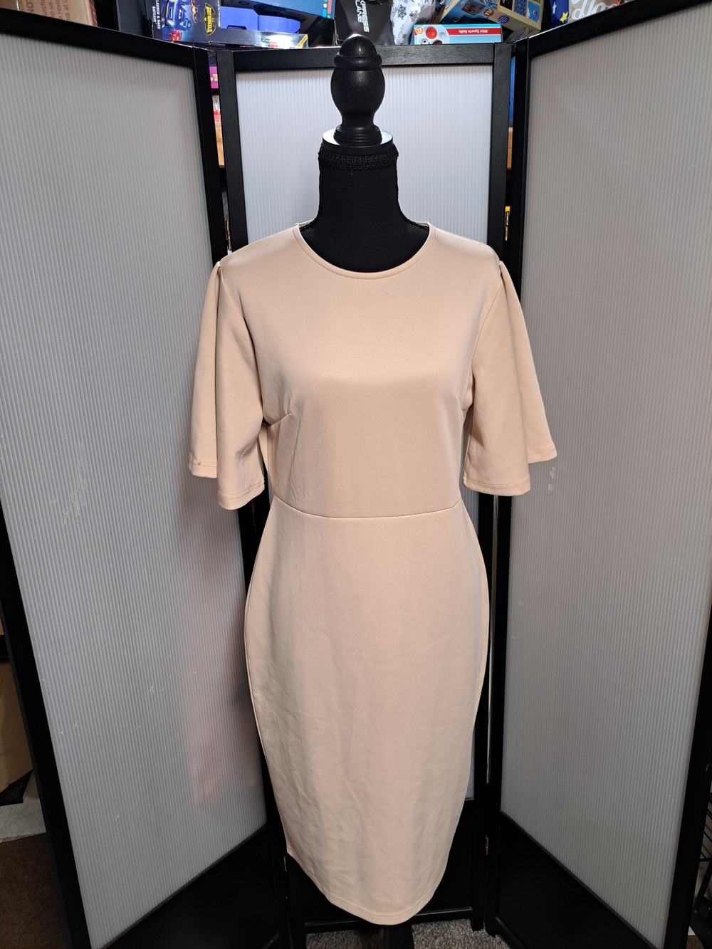 Classic Crewneck Midi Dress in Light Beige
